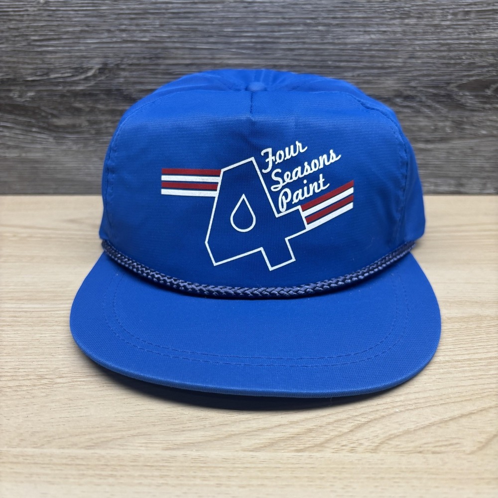 Vintage Four Seasons Paint Hat Cap Snap Back Blue Nylon Rope Trucker Mens 90s